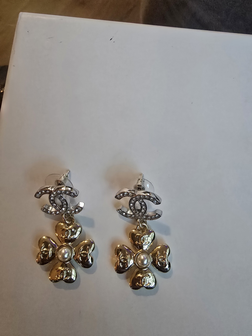 Chanel- Two-Tone Crystal Logo Drop Earrings - Gold & Silver